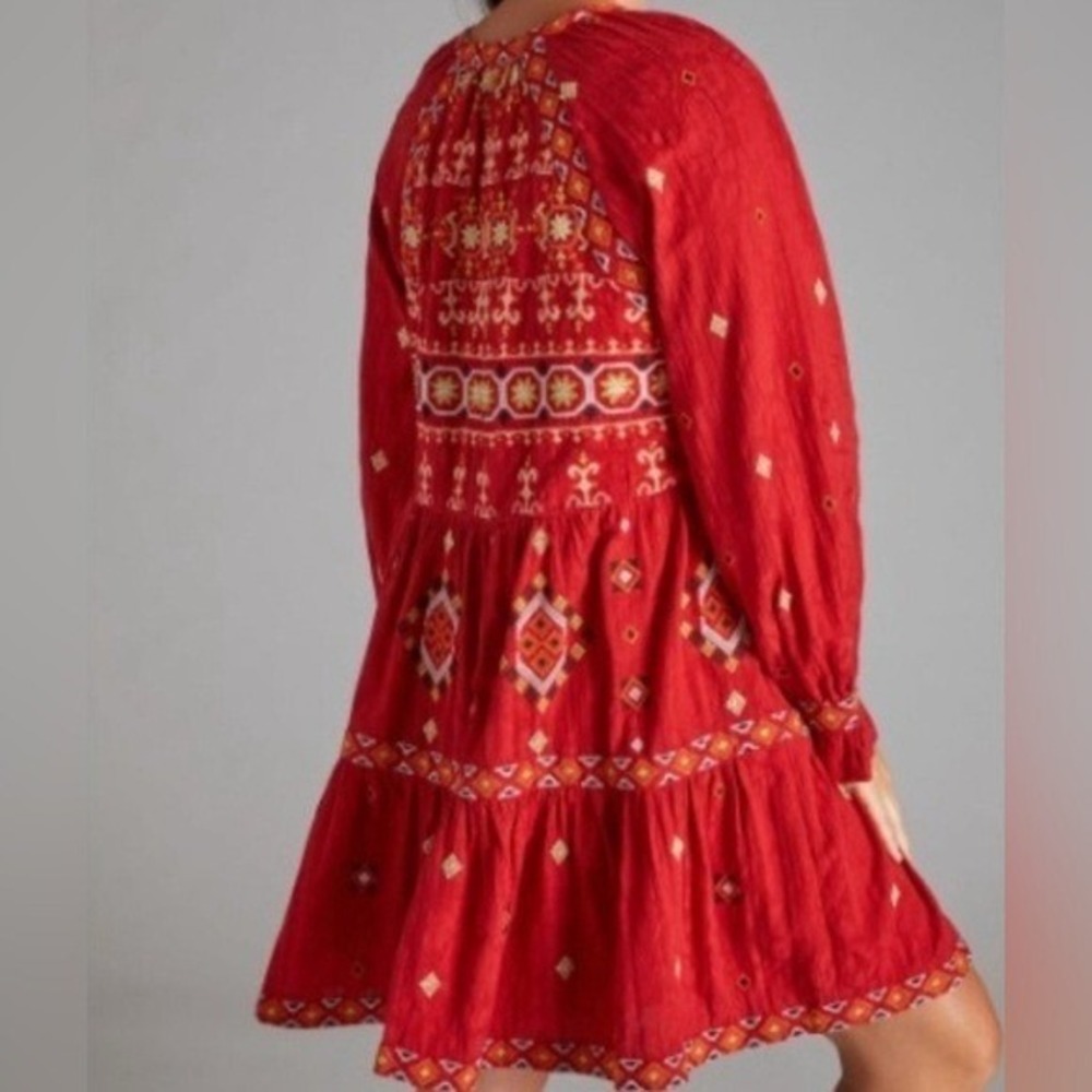 ANTHROPOLOGIE Niamh Red Multi Embroidered Mini Dress Tunic Boho Aztec Chic Sz XS - Picture 2 of 14
